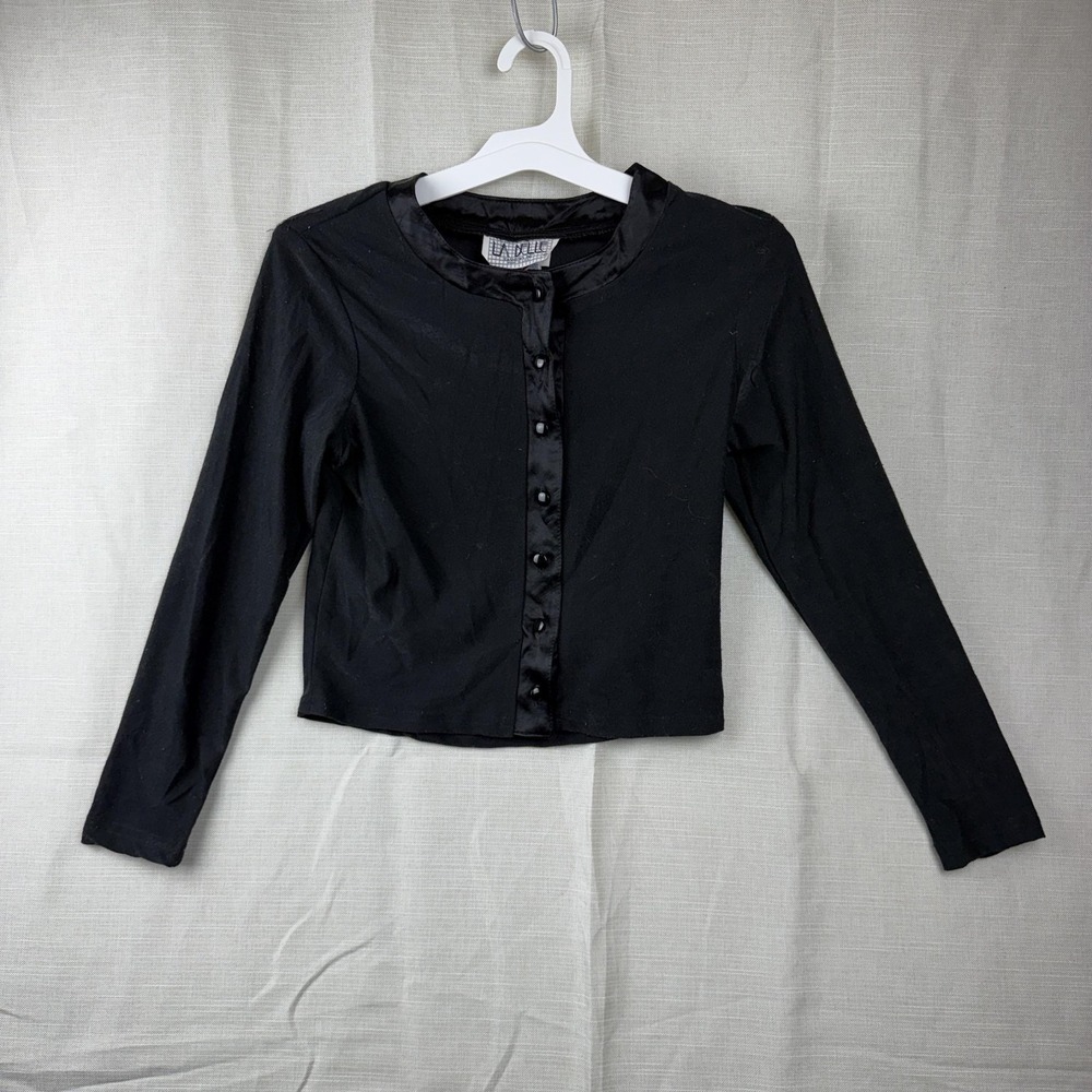 Vintage La Belle Shirt Womens Small Black Satin Button Front Long Sleeve Cropped